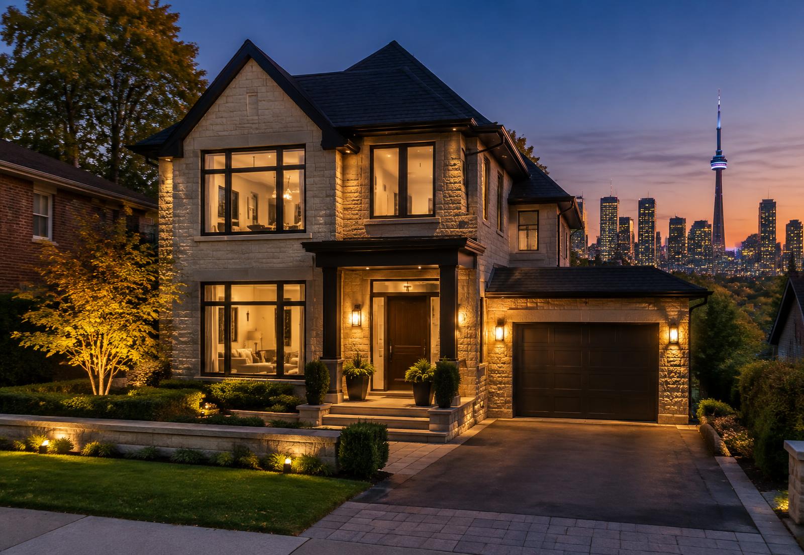 Detached Toronto home lit at dusk with the downtown skyline behind it